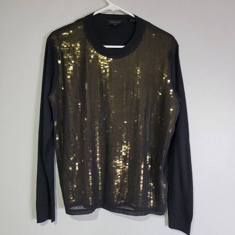 Ted Baker London Womens Black Loopey Sequin Overlay‎ Sweater Top Size 3 US 8 Med